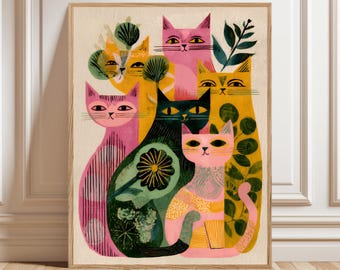 Retro Cat Wall Decor, Colorful Mid Century Art Print, Eclectic Home Canvas