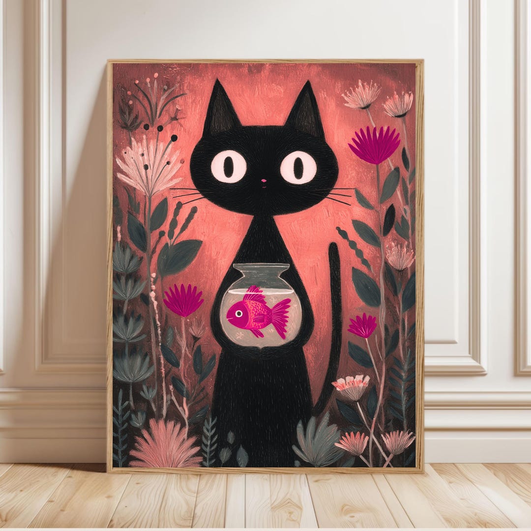 Colorful Black Cat Art Print, Modern Floral Animal Canvas, Eclectic ...