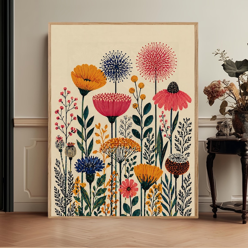 Colorful Folk Floral Wall Art Print, Scandinavian Botanical Canvas ...