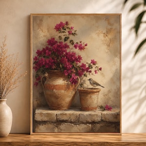 May include: A framed painting depicts a still life with a terracotta vase overflowing with vibrant magenta flowers. A smaller pot holds a bird. The artwork is set against a textured, neutral-toned background, evoking a sense of warmth and tranquility.