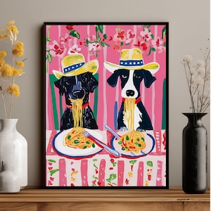 Whimsical Spaghetti Dog Art Print: Funny Kitchen Cafe Decor