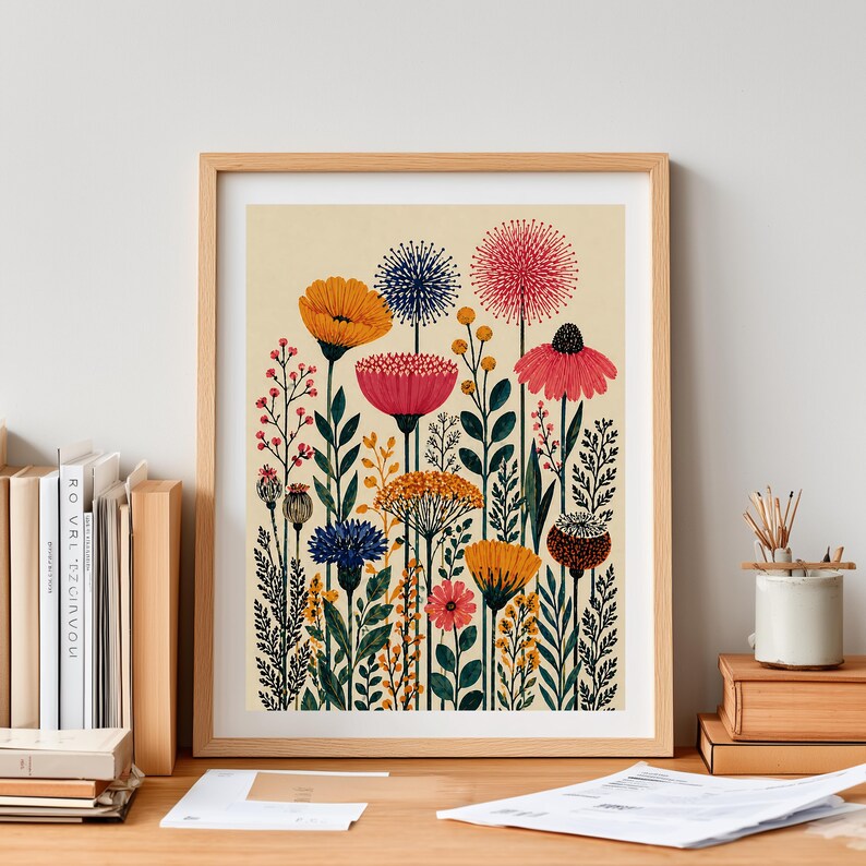 Colorful Folk Floral Wall Art Print, Scandinavian Botanical Canvas ...