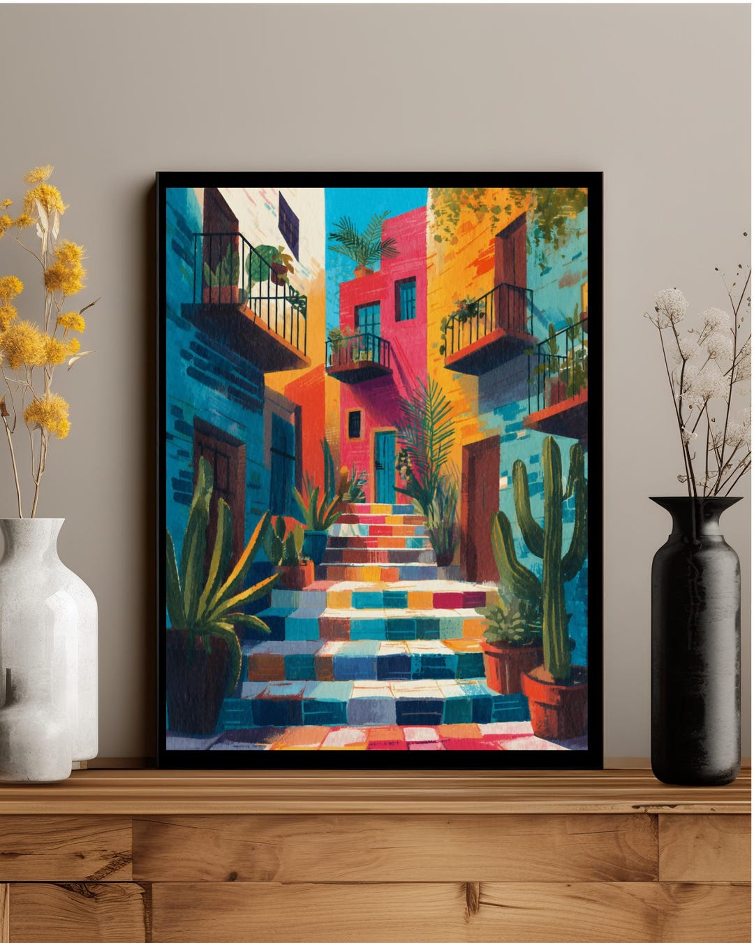 Colorful Mexican Street Wall Art, Vibrant Travel Poster, Eclectic Boho ...