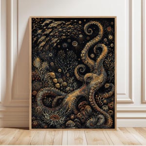 May include: A framed rectangular wall art print featuring a detailed underwater scene with a large octopus in shades of gold, brown, and black. The composition includes swirling tentacles, coral formations, sea anemones, and a school of small fish.