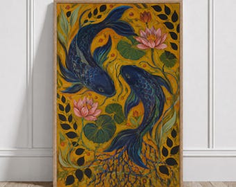 Blue Koi Fish Wall Art, Lotus Pond Decor, Japanese Nature Scene, Zen Botanical Artwork, Colorful Living Room Statement, Calm Water Garden