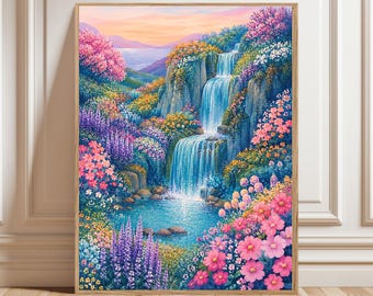 Colorful Waterfall Landscape Print, Pink Wildflower Garden Poster, Blue Mountain Nature Decor, Dreamy Springtime Scenic Illustration