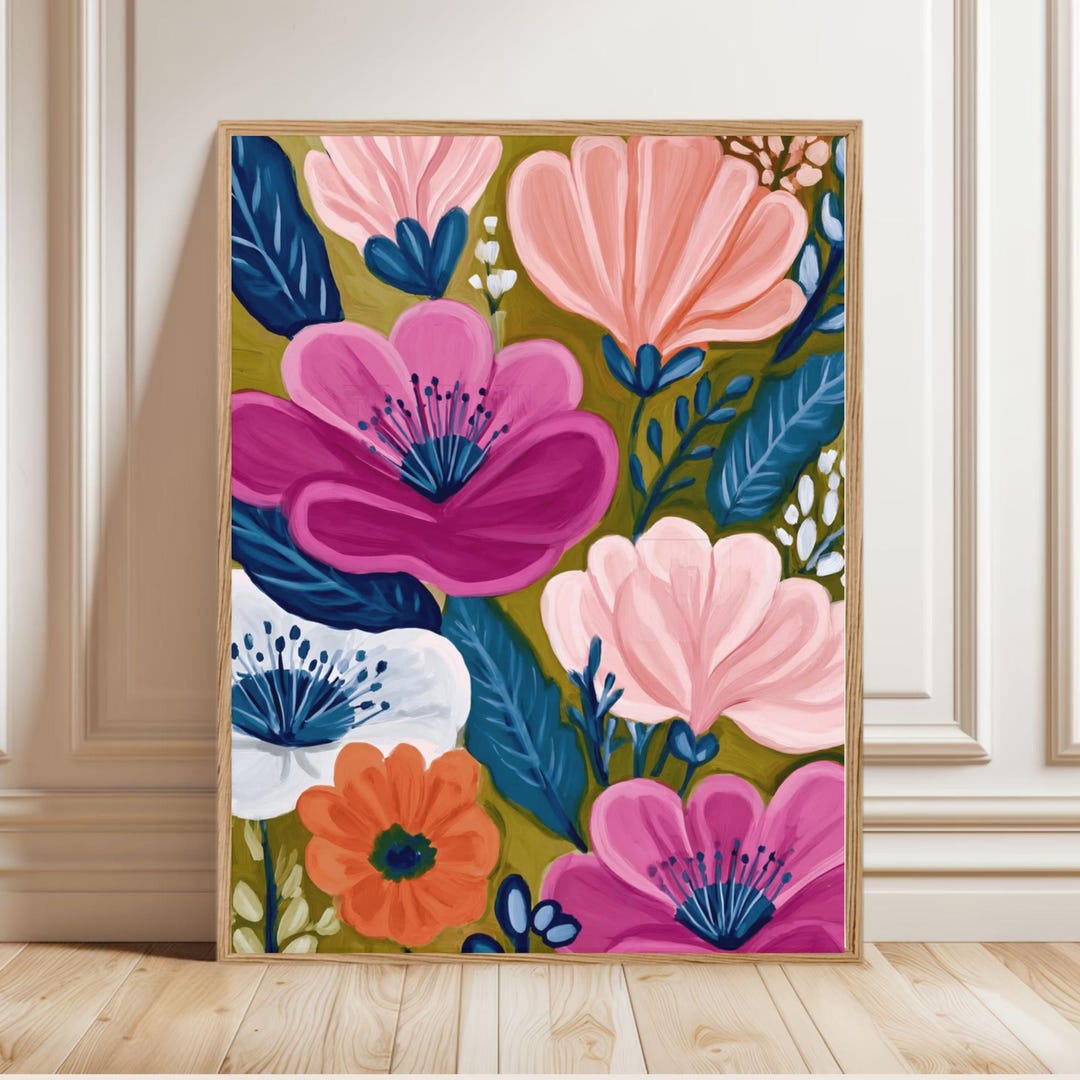 Colorful Floral Wall Art Bright Modern Flower Print Bold Maximalist ...