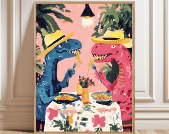 Funny Dinosaur Pasta Print: Whimsical Kitchen & Dining Room Art