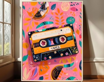 Art mural rétro sur cassette, impression colorée nostalgie des années 90, affiche de musique amusante