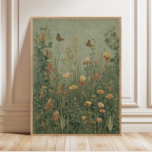 May include: A rectangular wall art print featuring a botanical scene with various wildflowers in shades of yellow, orange, and muted green. Two orange and black monarch butterflies are depicted flying among the tall grasses and blooming flowers.