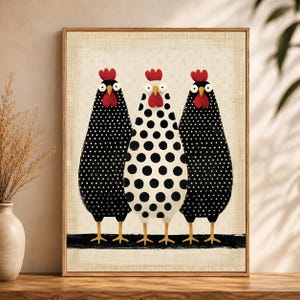 Polka Dot Chicken Wall Art, Three Hen Farmhouse Print, Red Comb Poultry Poster, Funny Kitchen Decor, Framed Farm Room Canvas Display