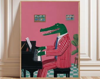 Pop Art Canvas, Eclectic Wall Art Print, Whimsical Crocodile Piano Artwork