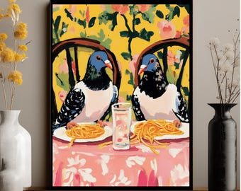 Dopamine Decor, Quirky Pigeon Wall Art, Whimsical Dining Birds Print