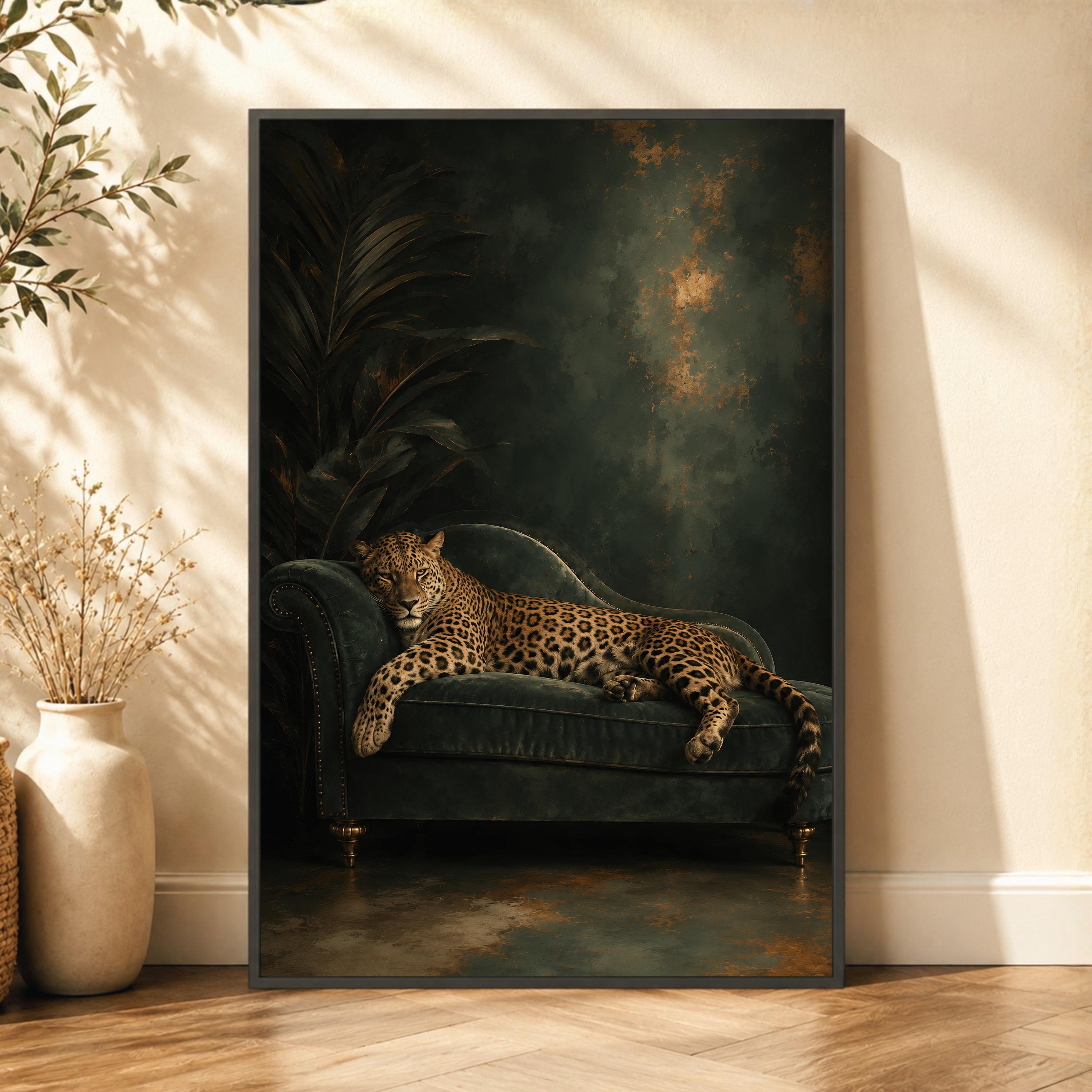 Leopard Sofa Wall Art, Dark Green Animal Portrait, Jungle Lounge Canvas, Moody Library Decor