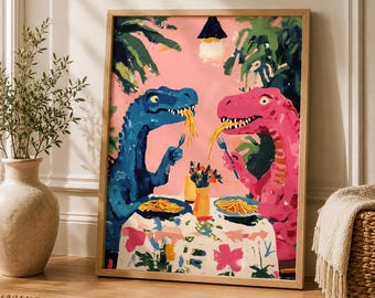 Funny Dinosaur Print: Spaghetti Dinner Canvas Art, Quirky Home Decor