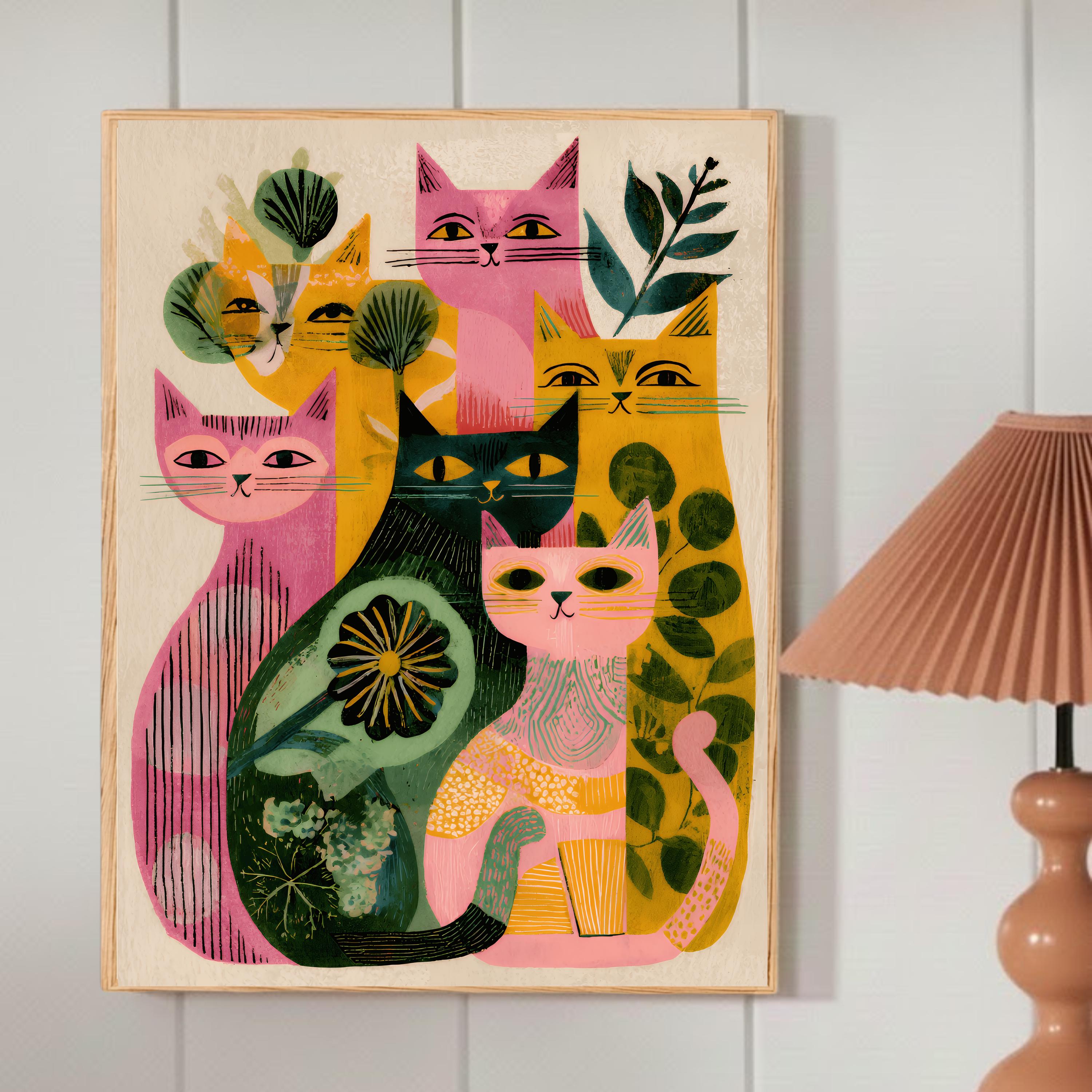 Retro Cat Wall Decor, Colorful Mid Century Art Print, Eclectic Home ...