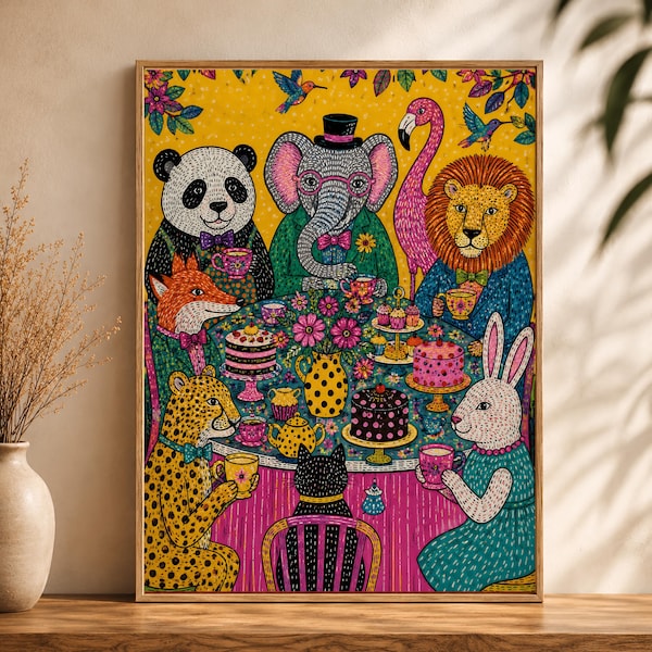 Colorful Animal Tea Party Wall Art, Whimsical Safari Print, Panda Elephant Lion Rabbit Poster, Bright Kids Room Decor, Fun Nursery Scene