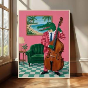 Colorful Folk Surreal Animal Music Art, Whimsical Crocodile Jazz Canvas Decor