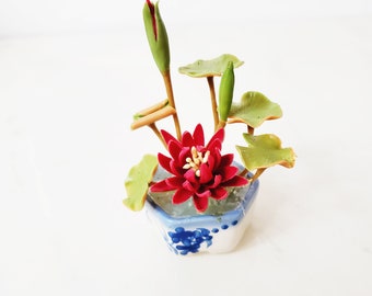 1 WATER LILIES Miniature Flower_Handmade flower, long lasting,ceramic pot,red orange yellow blue purple