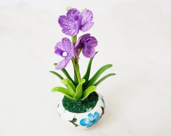 1 VANDA ORCHID Miniature Flower_Handmade flower, long lasting,ceramic pot, purple blue