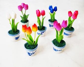 1 TULIP Miniature Flower_YOU PICK_Handmade flower, long lasting,ceramic pot, Pink Red Yellow White Blue