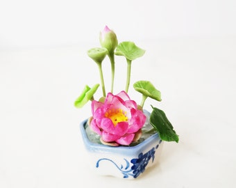 1 LOTUS Miniature Flower_Handmade flower, long lasting,ceramic pot, Pink White