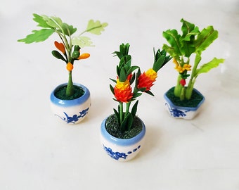 set of 3 Tropical plant collection BANANA PINEAPPLE PAPAYA Miniature Flower_Handmade flower, long lasting,ceramic pot