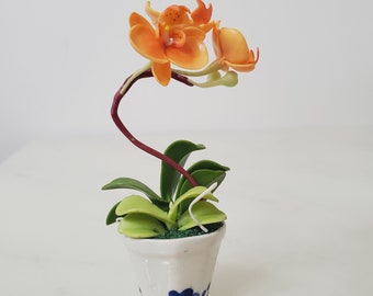 Miniature Flower- Orange Phalaenopsis/ Moth Orchid - Magnet pot -Handmade Flowers - Forever lasting