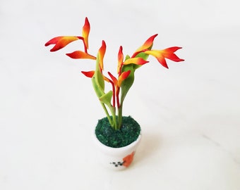 1 HELICONIA LOBSTER CLAWS Miniature Flower_Handmade flower, long lasting,ceramic pot,red orange yellow