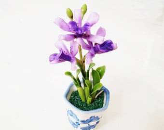 1 KEOWI ORCHID Miniature Flower_Handmade flower, long lasting,ceramic pot, purple Orange yellow