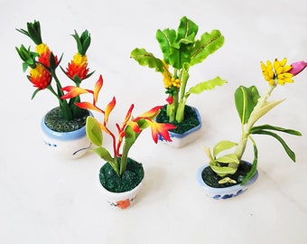 set of 4 Tropical plant collection BANANA PINEAPPLE LOBSTER Claws Miniature Flower_Handmade flower, long lasting,ceramic pot