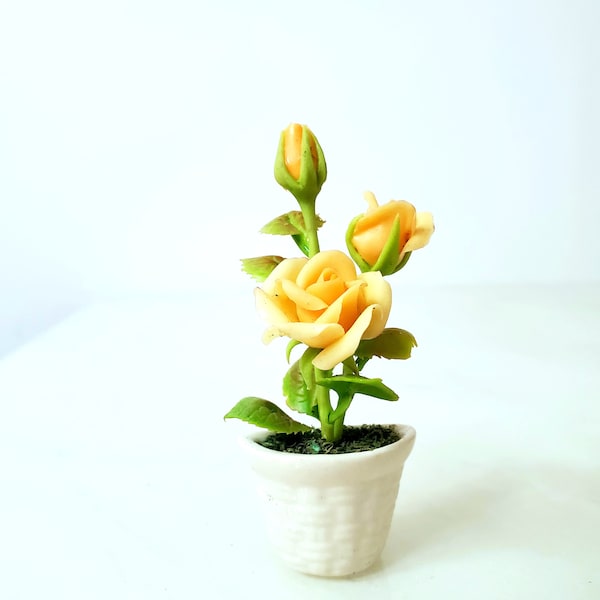 Miniatuur Bloem- Gele Roos - Magneet pot -Handgemaakte Bloemen - Eeuwigdurend