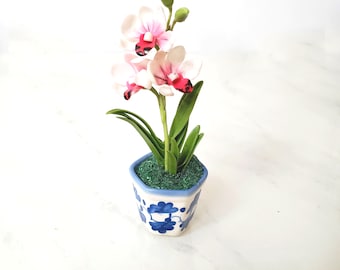 1 CYMBIDIUM ORCHID Miniature Flower_Handmade flower, long lasting,ceramic pot, purple yellow orange WHITE