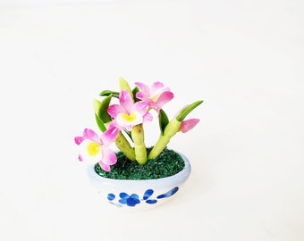 1 DENDROBIUM ORCHID Miniature Flower_Handmade flower, long lasting,ceramic pot, purple yellow orange