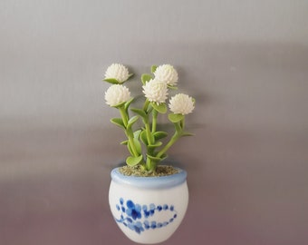 Miniature Flower- white Gomphrena (Globe Amaranth  -  Magnet pot -Handmade Flowers - Forever lasting