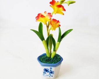 1 DENDROBIUM ORCHID Miniature Flower_Handmade flower, long lasting,ceramic pot, orange yellow