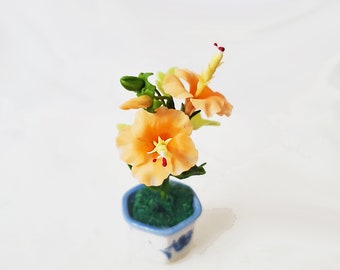 1 HIBISCUS Miniature Flower_Handmade flower, long lasting,ceramic pot,red orange yellow