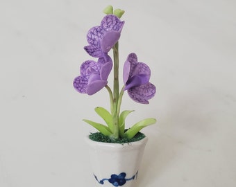 Miniature Flower- Purple Blue Vanda - Magnet pot -Handmade Flowers - Forever lasting