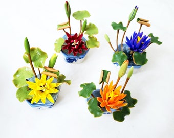 1 WATER LILIES Miniature Flower_YOU PICK_Handmade flower, long lasting,ceramic pot, Pink Red Yellow Purple Blue