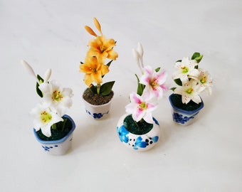 1 Lilies Miniature Flower_YOU PICK_Handmade flower, long lasting,ceramic pot,Pink Yellow Orange White