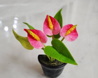 Miniature Flower- Pink Anthurium Plant - Magnet pot -Handmade Flowers - Forever lasting