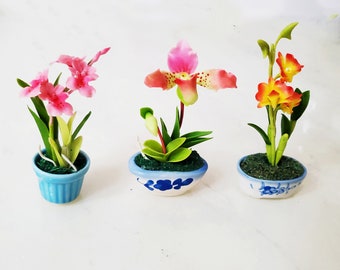 Set of 3 Miniature ORCHIDS Flower_Handmade flower, long lasting,ceramic pot, Dendrobium Dancing Lady Slipper orange Pink