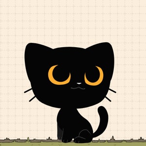 May include: A black cat with large, round, orange eyes sits on a light brown background with a grid pattern.