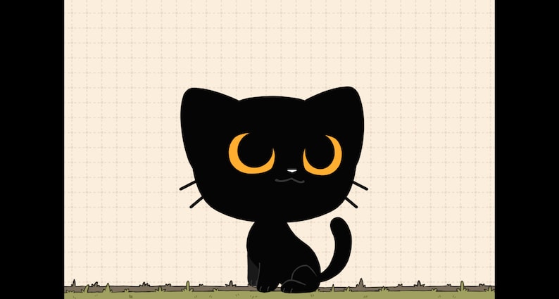 May include: A black cat with large, round, orange eyes sits on a light brown background with a grid pattern.