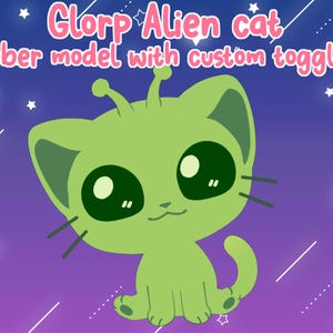 May include: A green alien cat with large eyes and a cute expression. The cat has antennas on its head and is sitting on a purple background with white stars.