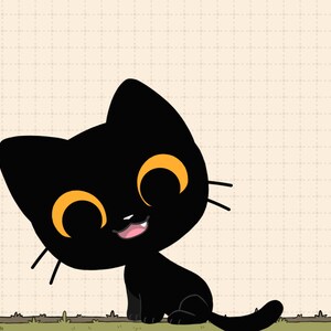 May include: A black cat with orange eyes and a pink tongue sticking out is sitting on a light brown background with a grid pattern.