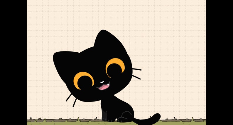 May include: A black cat with orange eyes and a pink tongue sticking out is sitting on a light brown background with a grid pattern.