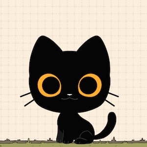 May include: A black cat with large, round, orange eyes sits on a light brown background with a grid pattern.