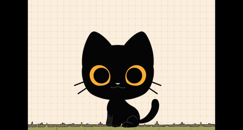 May include: A black cat with large, round, orange eyes sits on a light brown background with a grid pattern.
