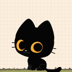 May include: A black cat with large orange eyes sits on a light brown background with a grid pattern.